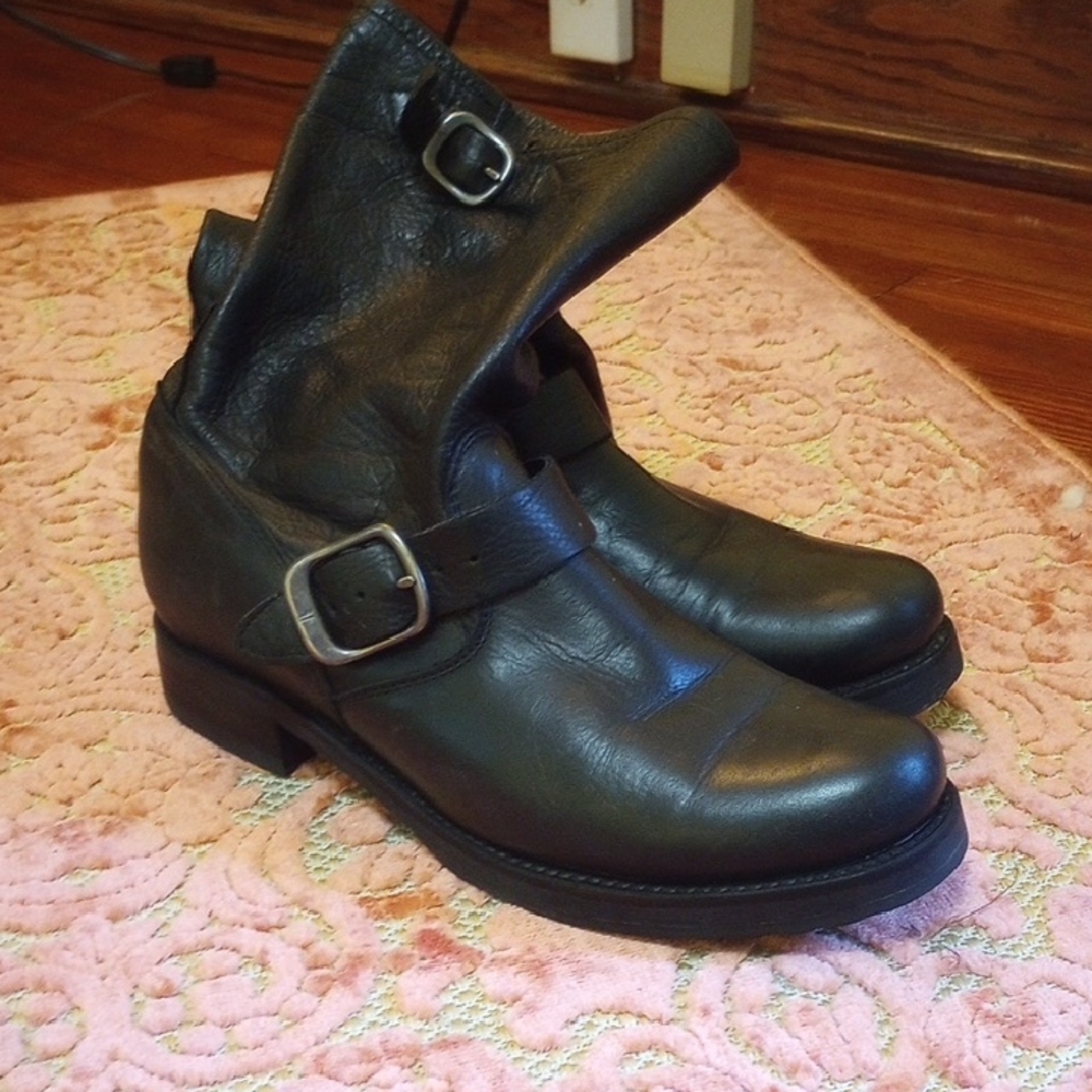 Frye Black Engineer Boots with Buckle Closures
